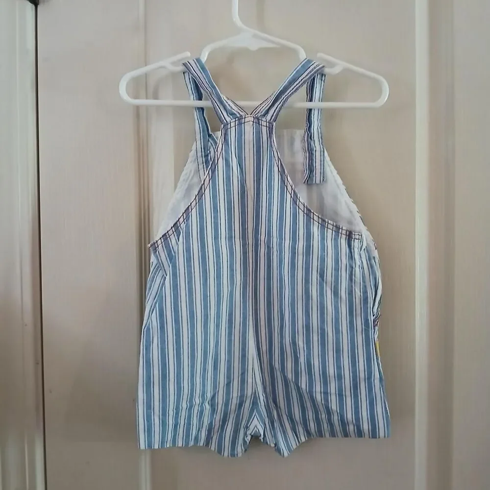 Vintage 90s Blue White 100% Cotton Striped Fire Truck Shorts Overalls 18m Retro